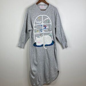 Vintage Nightgown Womens Medium Large Gray Fleece Kitten Cat Cozy Sweatshirt